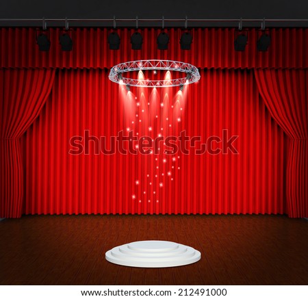 vintage microphone on Theater stage with curtains and spotlights Theatrical scene in the light of searchlights, the interior of the old theater