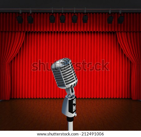 vintage microphone on Theater stage with curtains and spotlights Theatrical scene in the light of searchlights, the interior of the old theater