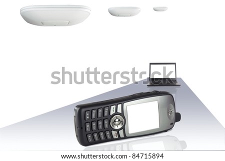 Voice over IP phone and laptop with wireless access points against white