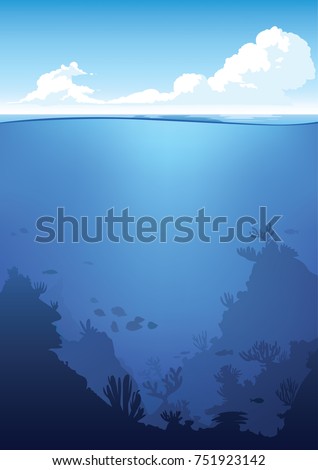 Vector underwater and above-water landscape. Ocean waterline anime clean style. Background design