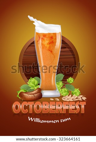 Glass of beer with hops and sausage on a background of drums