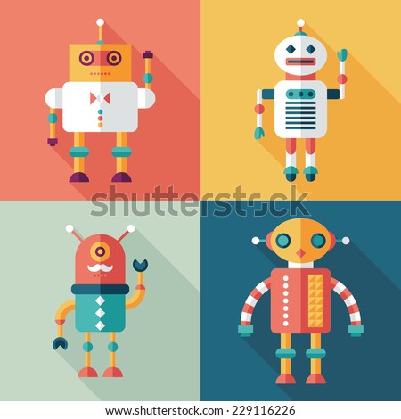 Robots flat square icons with long shadows Set 11 Robots flat square icons with long shadows Set 11