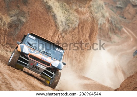 TERUEL, ARAGON/SPAIN - JULY 18: Spanish Driver, Miguel Valero tries to get a good result in Prologue in Baja Aragon Rally on July 18, 2014 in Teruel
