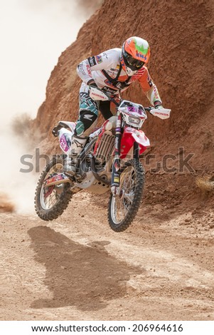 TERUEL, ARAGON/SPAIN - JULY 18: Spanish Rider, Laia Sanz tries to get a good result in Prologue in Baja Aragon Rally on July 18, 2014 in Teruel