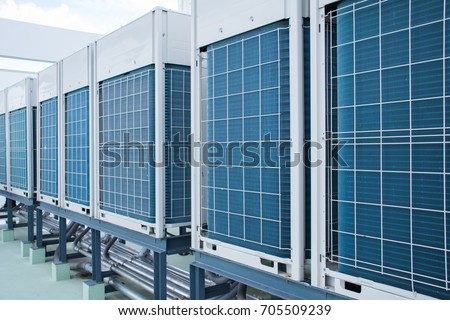 Row of industrial air conditioning condenser units, air compressor machine