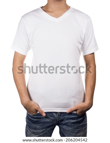 White T-shirt on man body with front side isolated on white background.