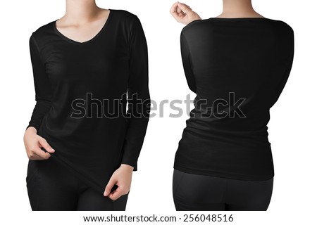 woman body in black long sleeves t-shirt front and back side isolated on white.