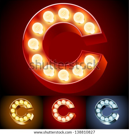 Vector Illustration Of Realistic Old Lamp Alphabet For Light Board. Red Gold And Silver Options. Letter C
