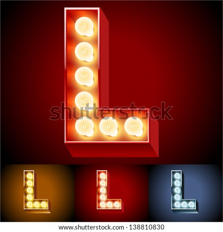 Vector Illustration Of Realistic Old Lamp Alphabet For Light Board. Red Gold And Silver Options. Letter L