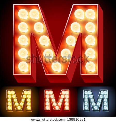 Vector illustration of realistic old lamp alphabet for light board. Red Gold and Silver options. Letter M