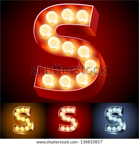 Vector Illustration Of Realistic Old Lamp Alphabet For Light Board. Red Gold And Silver Options. Letter S