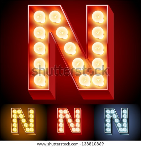 Vector Illustration Of Realistic Old Lamp Alphabet For Light Board. Red Gold And Silver Options. Letter N