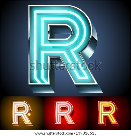 Vector illustration of realistic neon tube alphabet for light board Gold and Silver and Red options Letter R Vector illustration of realistic neon tube alphabet for light board Gold and Silver and Red options Letter R