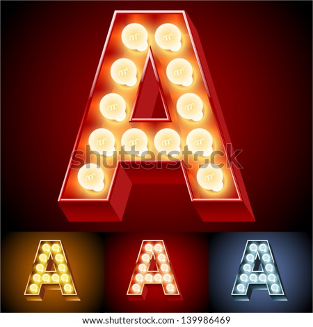 Vector illustration of realistic old lamp alphabet for light board Red Gold and Silver options Letter A Vector illustration of realistic old lamp alphabet for light board Red Gold and Silver options Letter A