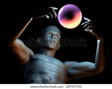 Strange magic man with colorfull hypnotic ball in hands