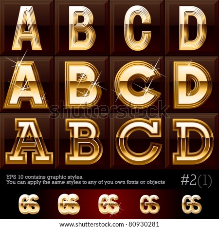 Extra beveled gold font plus graphic styles Set #2 File contains graphic styles available in the Illustrator 10 & You can apply the styles to any of you own fonts or objects Extra beveled gold font plus graphic styles Set #2 File contains graphic styles available in the Illustrator 10 & You can apply the styles to any of you own fonts or objects