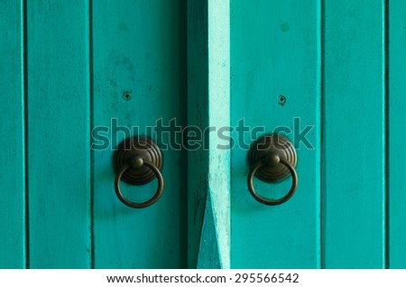 green painted wooden door with old bronze handles and locks.
