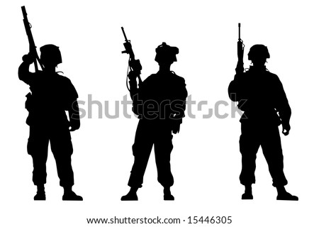 Black silhouettes of the soldiers on white background