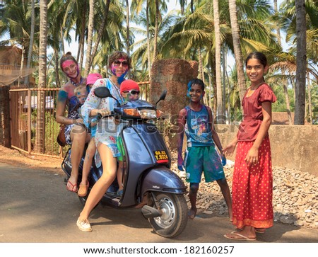 GOA, INDIA - MAR, 17: Unidentified people celebrating Holi in an Indian village, MAR 17, 2014 in Goa, India. Holi - festival of colors, marks the arrival of spring, being one of the biggest festivals.