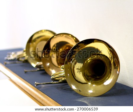 French horn in the concert hall. Wind instrument. French horn. Horn. Concert of classical music. Large Symphony Orchestra