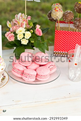 Wedding feast. Banquet. Sweets for wedding table.French macaroons.Candy bar.Wedding feast. Wedding sweets