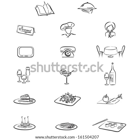 Icons: Chef, Waitress, Menu, Table And Chairs, Sushi, Appetizer, Hot Dishes, Salad, Drinks, Wine, Vegetarian, Reserved, Dessert/ Set From Seventeen Elements For Restaurant Or Cafe