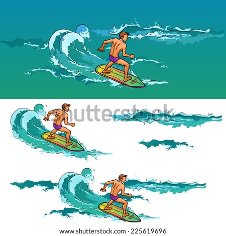 Surfing young athletic man on surfboard on sea waves. Vector cartoon drawing by lines. Themes are extreme, active recreation, sea, sport