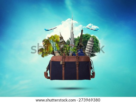 creative concept of a bag full of famous monument with passport. traveling design