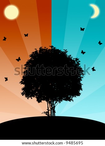 Day and night and tree with butterflyes