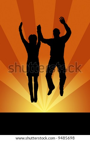 Jumping man and woman on orange background