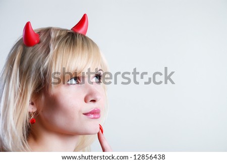 Woman devil thinking at white background
