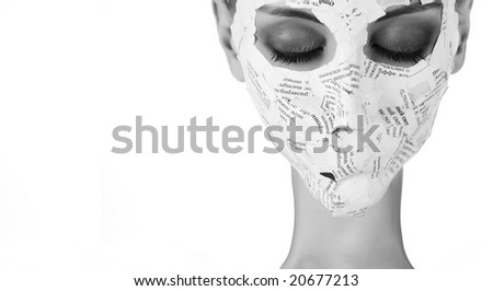 young woman like spooky in paper mask