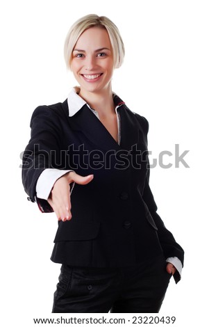 stock photo : beautiful blond woman in business pantsuit on white background