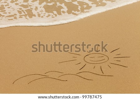 Simple drawing of sun and waves in the sand of the beach