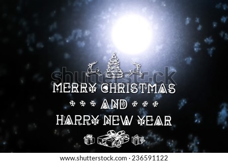 Merry Christmas and New Year greeting card with blurred moon lights and falling snowflakes on winter night backround