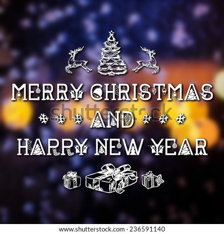 Merry Christmas and New Year hand drawing greeting card with blurred magic night yellow lights on background