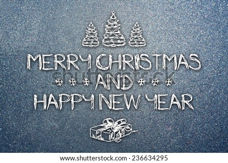 Merry Christmas and New Year hand drawing greeting card on frozen winter blue colored background