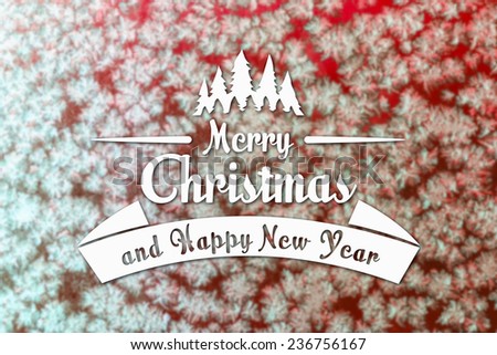 Merry Christmas and New Year greeting card with blurred frozen snowflakes on red colored winter background