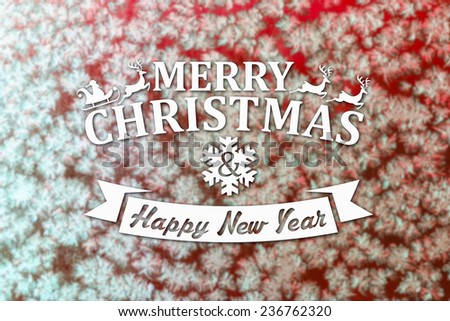 Merry Christmas and New Year greeting card with blurred frozen snowflakes on red colored winter background