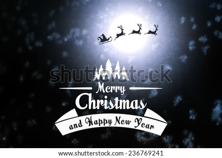 Merry Christmas and New Year greeting card with Santa Claus and deers silhouettes on blurred moon and falling snowflakes