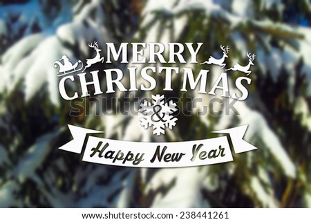 Merry Christmas and New Year greeting card on blurred spruce or fir-tree branches with snow background