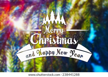 Merry Christmas and New Year greeting card on blurred spruce or fir-tree branches with snow and sun light background