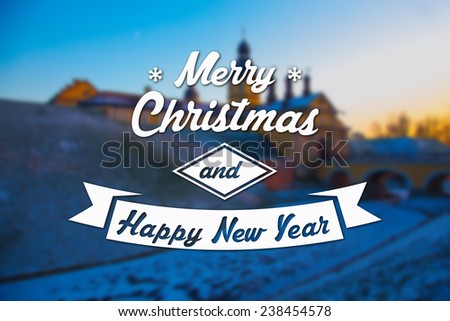 Merry Christmas and New Year greeting card on blurred old castle background