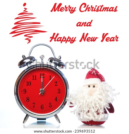 Christmas greeting card with Santa Claus or Father Frost and vintage alarm clock with red dial on white background with reflection. Showing time twelve midnight