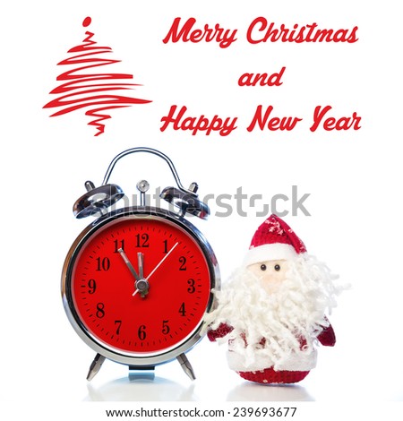 Christmas greeting card with Santa Claus or Father Frost and vintage alarm clock with red dial on white background with reflection. Showing time five minutes before twelve midnight