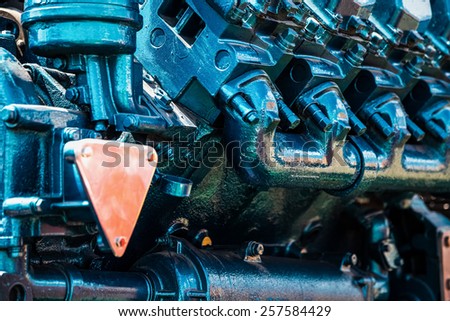 Tractor engine closeup agriculture machinery industry. Selective focus of image