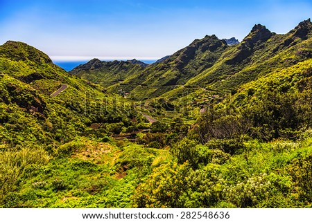 Green mountains or rocks valley with winding or serpantine road and sky with ocean on horizon or skyline landscape in Tenerife Canary island, Spain at summer