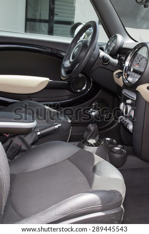Modern car interior - Leather car seats. Interior detail.