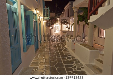 Streets of Mykonos by night at the Cyclades islands in Greece