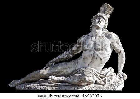 Arrow wounded Achilles statue ready cropped on black background. Achilleion palace, Corfu island, Greece